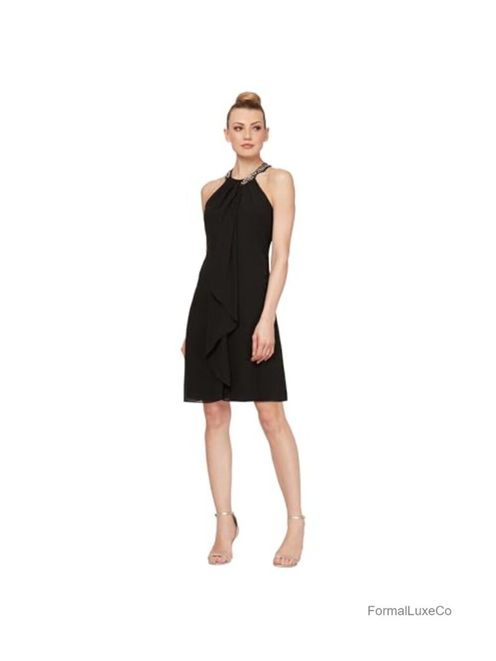 Womens Beaded Halter Sheath Cocktail Dress Ruffle Front